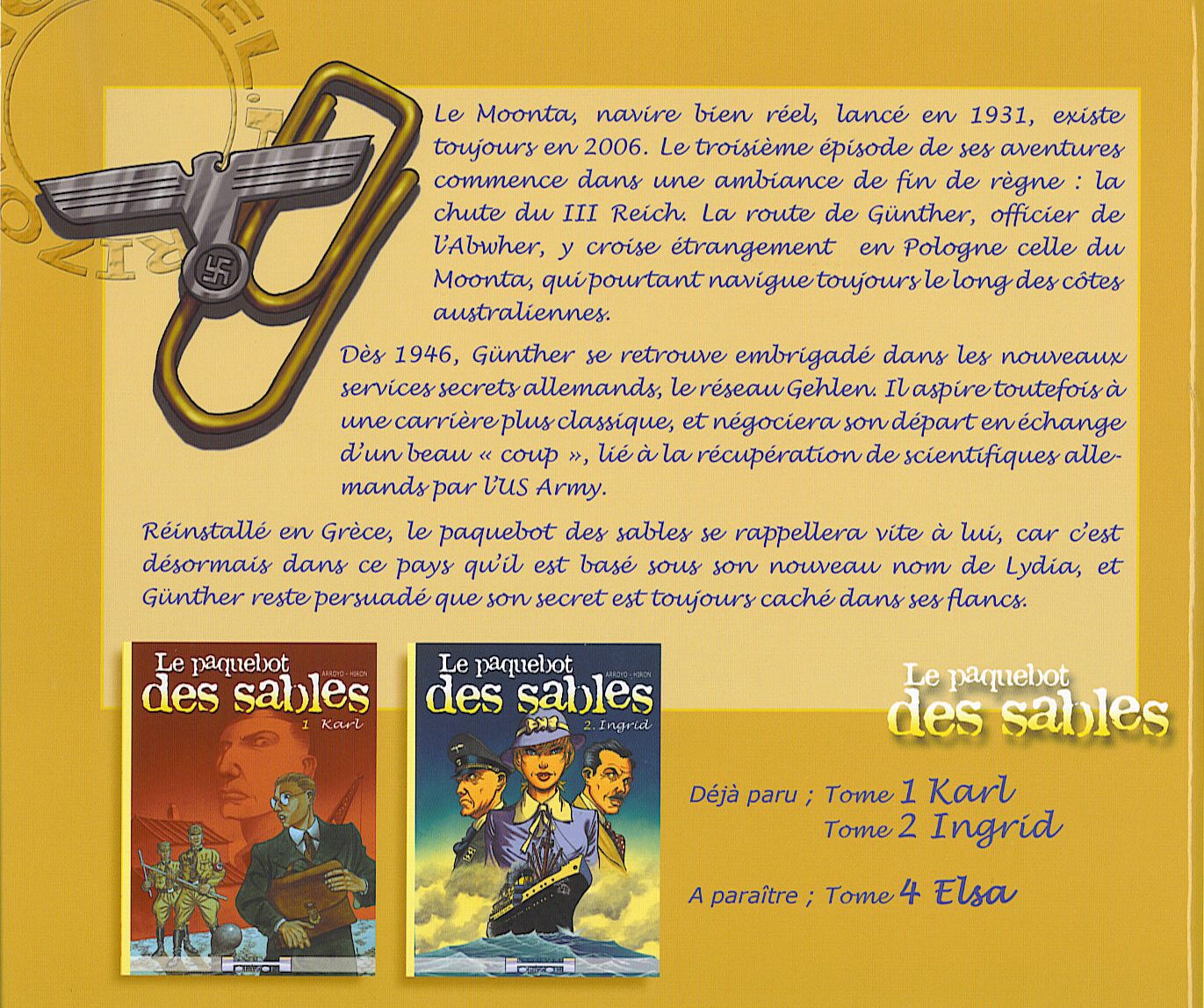 La quatrième de couverture du tome 3 de la série du Paquebot des sables, intitulé Günther